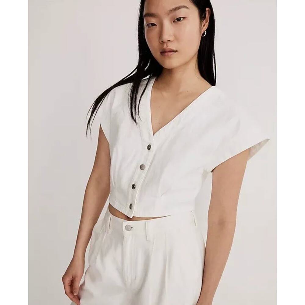 Madewell White Cropped V-Neck Button Front Top